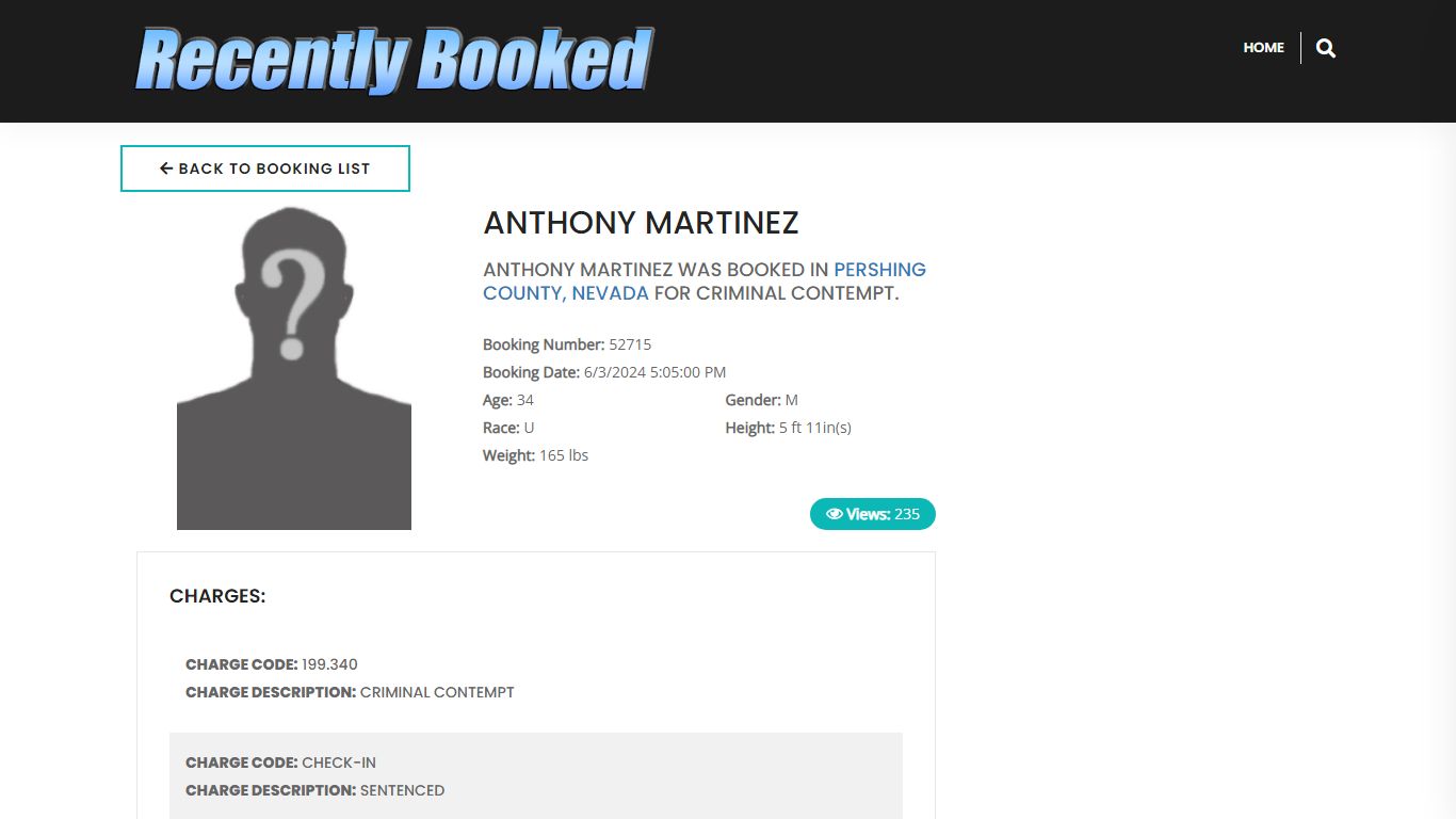 Recent Booking / Mugshot for ANTHONY MARTINEZ in Pershing County, Nevada